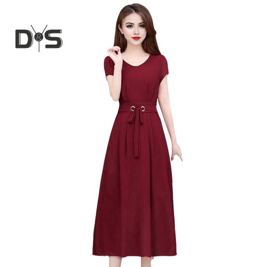 Summer Lady Dress Round Neck A-line Short Sleeves Slim Waist Plus Size Pure Color Slim Fit Mid-calf Length OL Commute Midi Dress