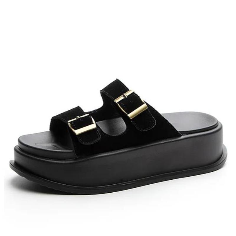 

6CM New Cow Genuine Leather Synthetic Women Slippers Ladies Summer Peep Toe High Brand Sandal Shoes Platform Wedge Fashion 34 чёрный