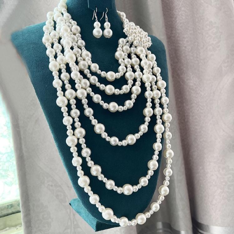 Faux Pearls Necklace and Earrings Set Fashionable Women's Faux Pearls Statement Necklace and Earrings Jewelry Set