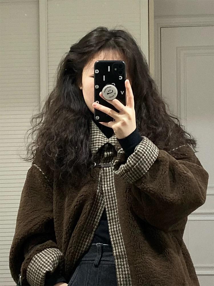 Korean Winter Brown Coat Women Fashion Warm Thick Patchwork Wool Coat Female Casual Vintage High Street Button Design Outerwear