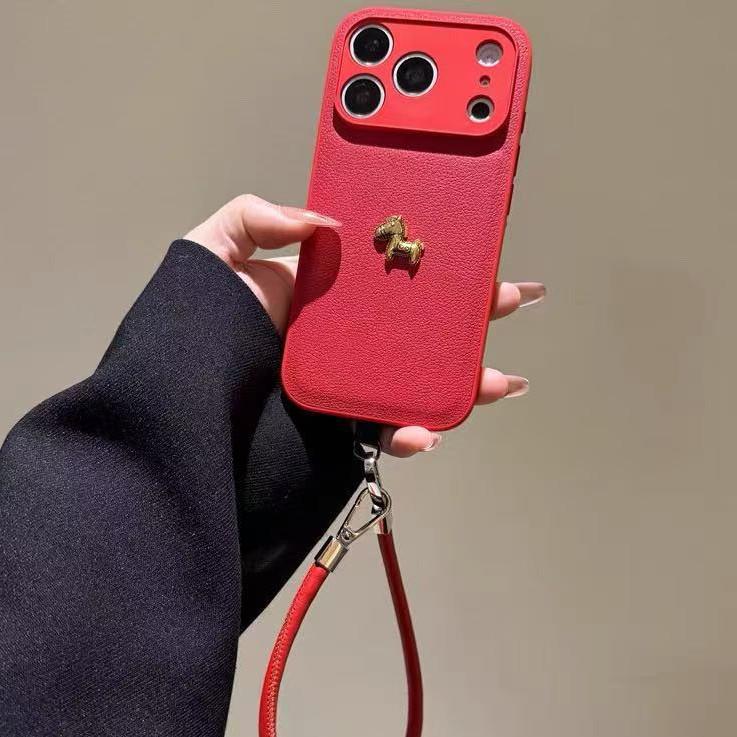 Red Leather 3D Horse Case for iPhone 16/17 Pro Max, 15/14 - Festive Style