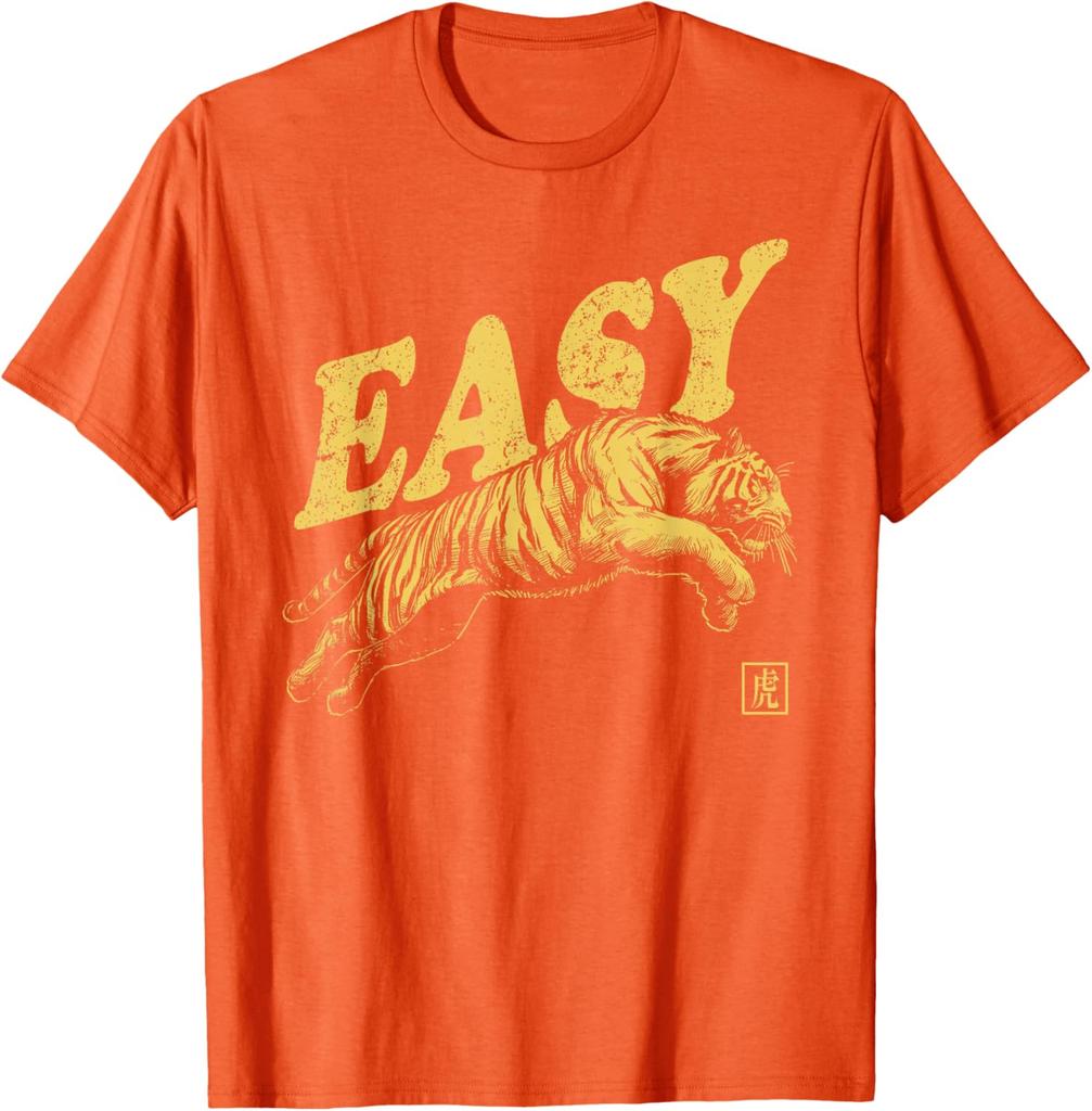 Easy Tiger Graphic Print Men Casual Cotton TShirt Retro Distressed Style Tee