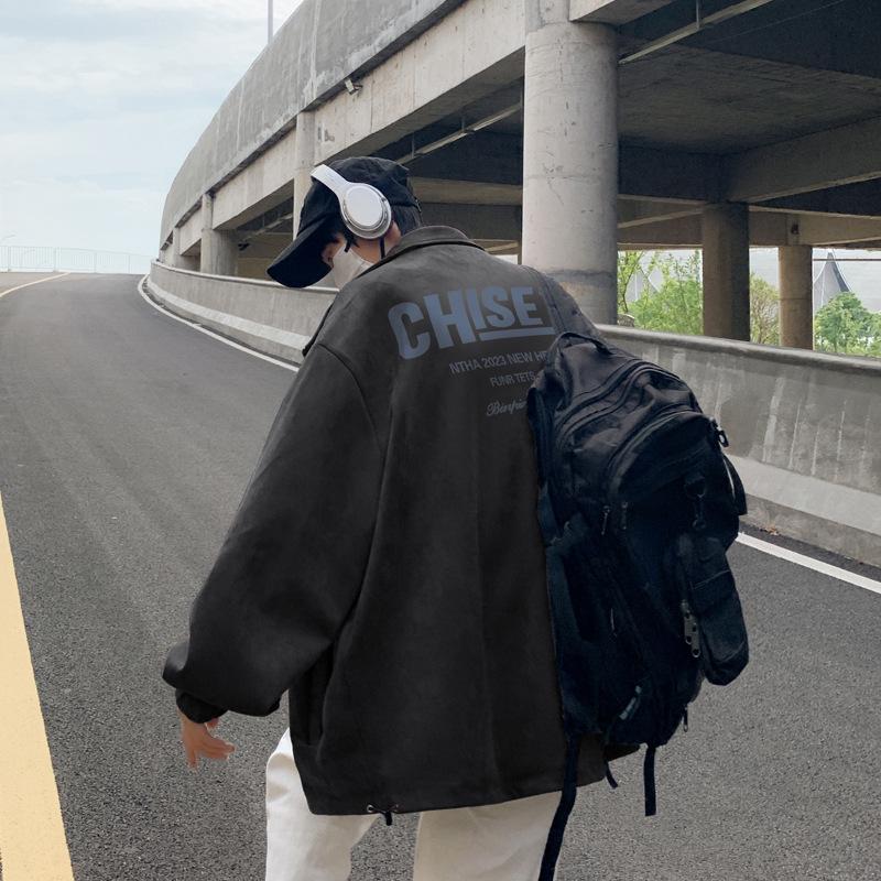 Men's Suede Fleece Retro Windbreaker: Spring/Autumn, Black, Wear-Resistant, Trendy Rogue Brand Jacket