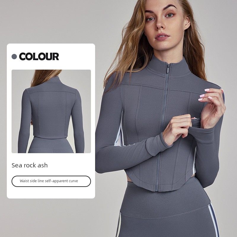 

Yoga Clothes Coat Women s Fancy Silm Stand Collar Zipper Tops Yoga Fitness Exercise Long Sleeves Stripes Quick-Drying Sea Salt Ash L