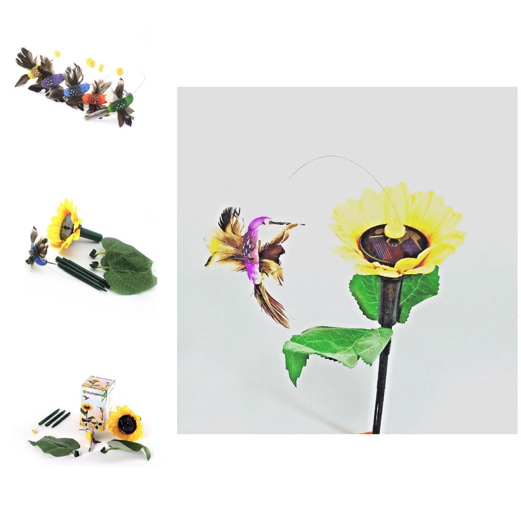 Elegant Sunflower Garden Stake Featuring Solar Powered Fluttering Hummingbird Design