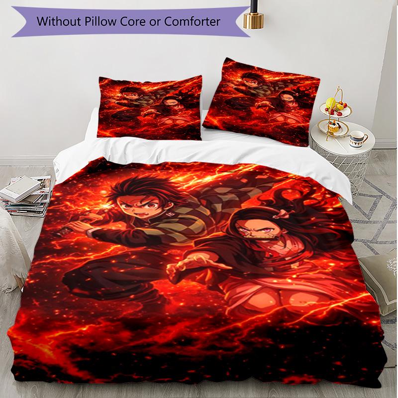 3pcs Duvet Cover Set (1*Duvet Cover + 2*Pillowcase, Without Core), Demon Slayer Print Soft All‑Season Bedding Set, Home Bedroom Decor Gift