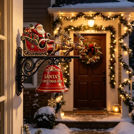 Festive Courtyard Balcony Accents Christmas Bell Wall Hanging Decoration, Santa Sleigh Reindeer Ornament, Large Decorative Indoor Mounted Ornaments