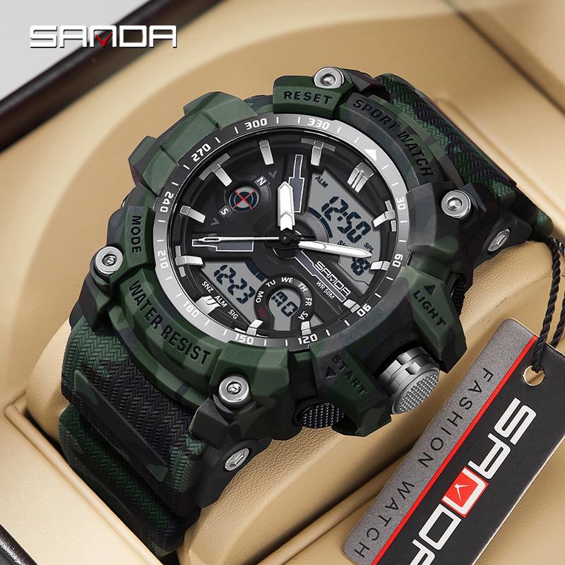 Sanda Men's Multifunctional Camouflage Outdoor Sports Watch – Waterproof with Dual Display and Alarm Clock.