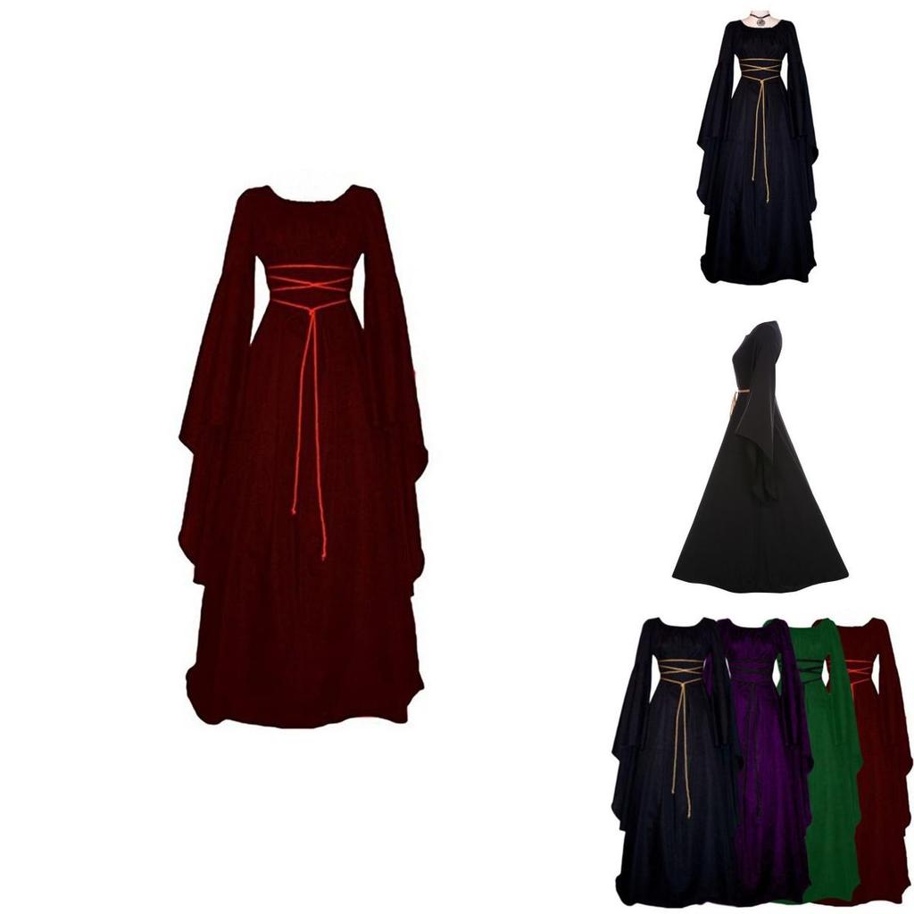 Exquisite Women's Vintage Medieval Dress With Stunning Long Bell Sleeves And Irregular Design