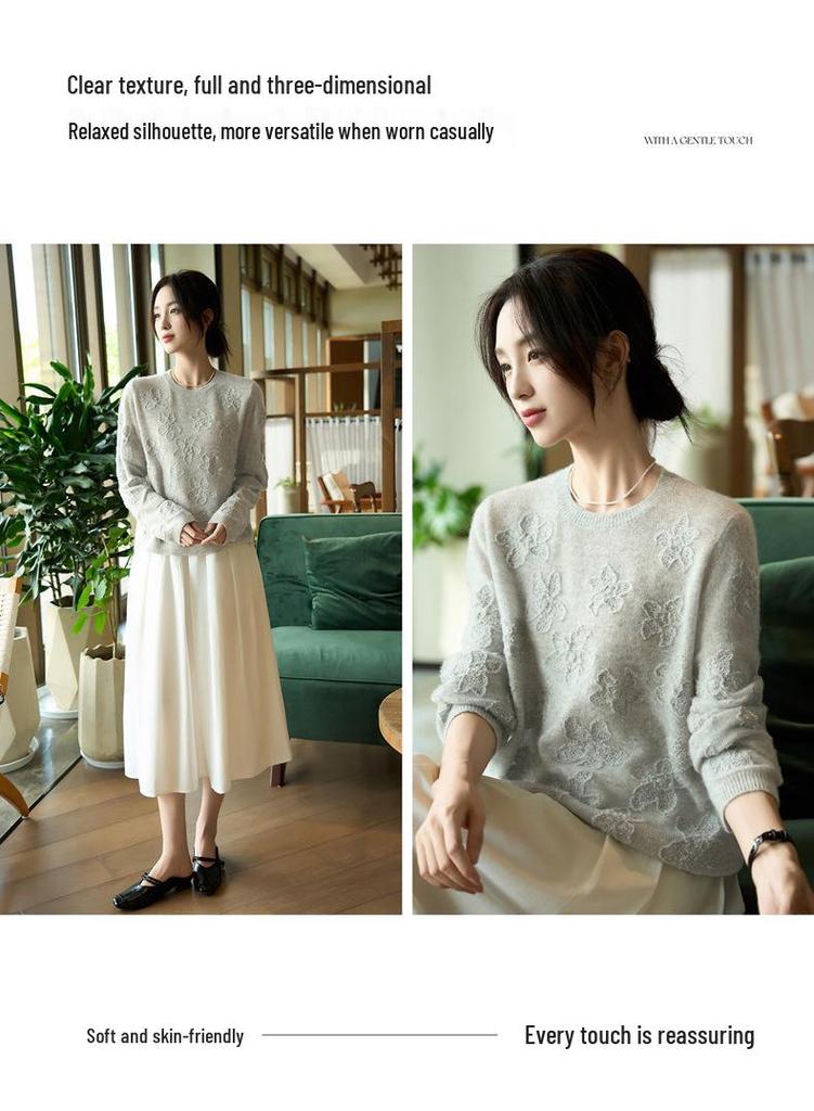 2025 Autumn/Winter Women's Embroidered Knit Wool Sweater - Round Neck, Loose Fit, Long Sleeve, Comfortable Top