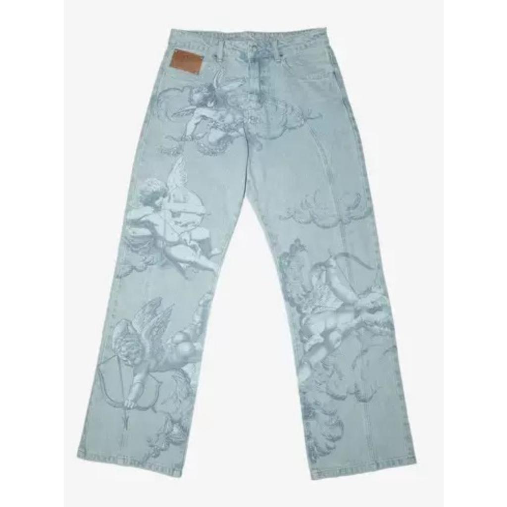 STREETRICH Y2k Retro Luźne Dżinsy Modne Wzór Kupidyna Anioła Męskie Damskie Spodnie Amerykański Hip Hop Streetwear Unisex Codzienne Jeansy o Prostych Nogawkach