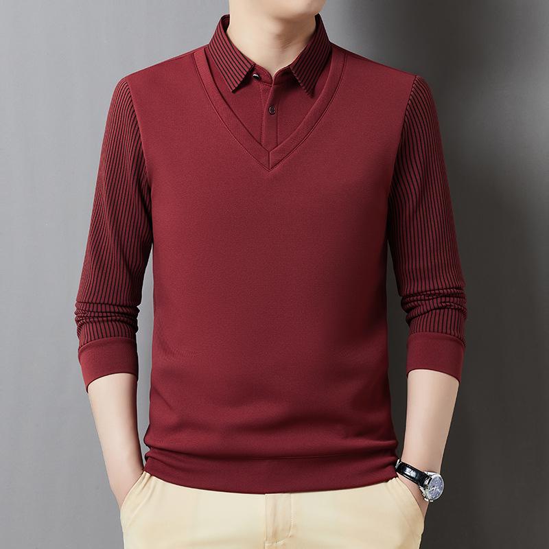 

2025 Spring Men s Knitwear: Middle-Aged Two-Piece Style Polo Shirt with Long Sleeves and Hoodie Collar M красный