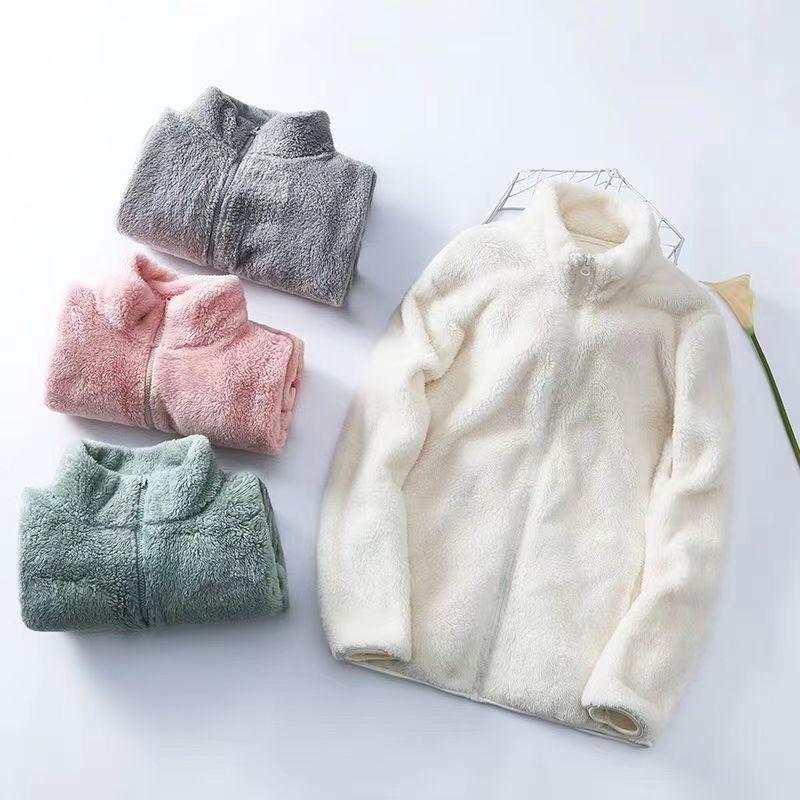 Women's Winter 2026 Long Sleeve Stand Collar Coral Fleece Cardigan Jacket - Lazy Style Lambswool Coat