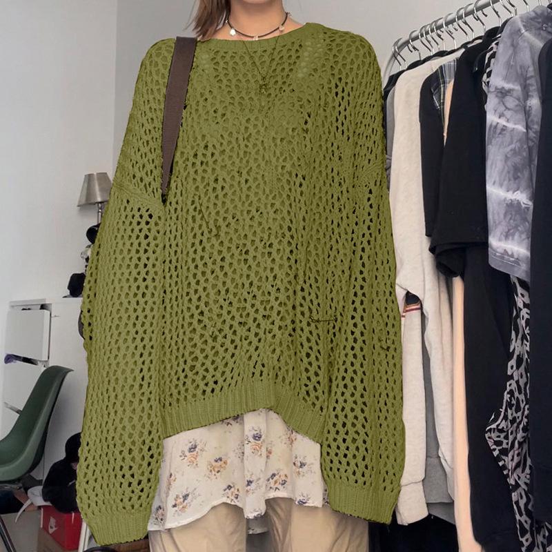 2024 Summer European & American Street Style: Hollow Out Mesh Knit Loose Pullover for Women