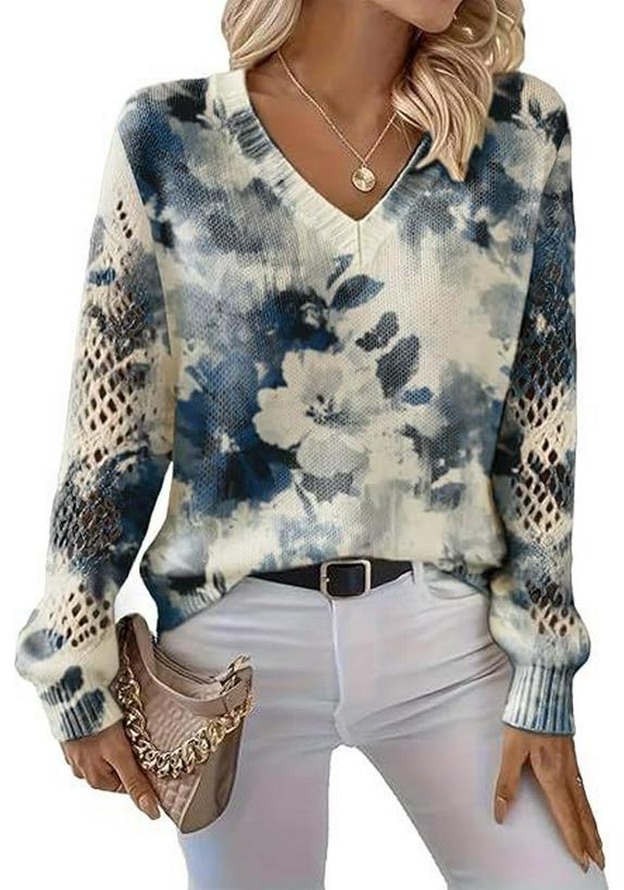 V-Neck Eyelet Print Sweater - Style HS-LY52