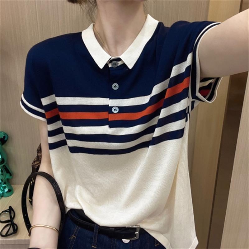 Damenkleidung Sommer Trendig Gestreiftes Polokragen Eis Seide Gestricktes T-Shirt Elegant Einfach Lässig Kurzarm Lockerer Pullover Oberteile