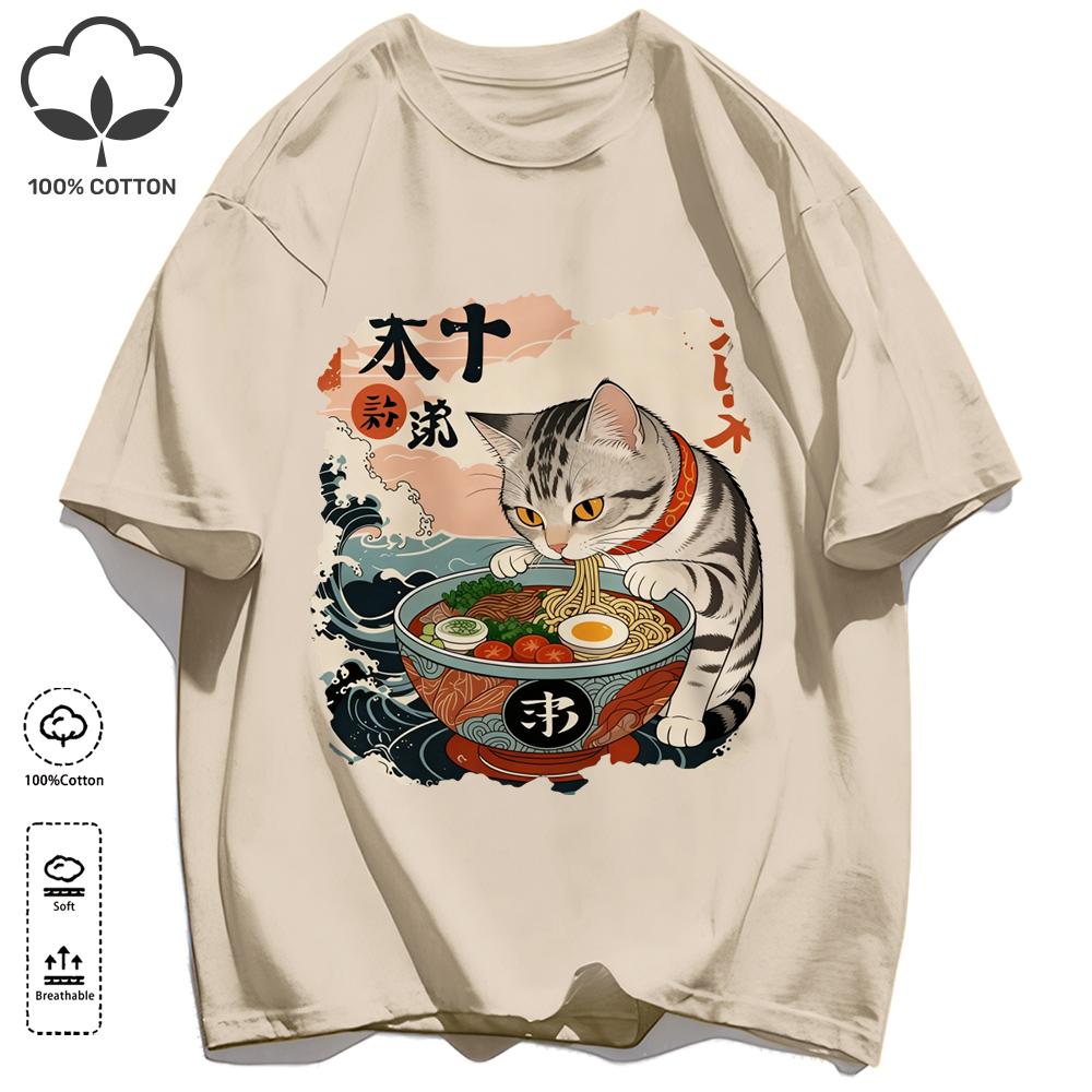 A Cat That Likes To Eat Noodles Print T Shirt Unisex Casual Loose Short Sleeve Summer Soft Clothing O-Neck Unisex Cotton Tee