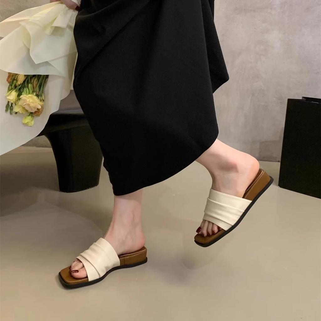 Slope Heel Sandals Women's New Retro Niche Fairy One-word Drag Square Head Thick-soled Slippers