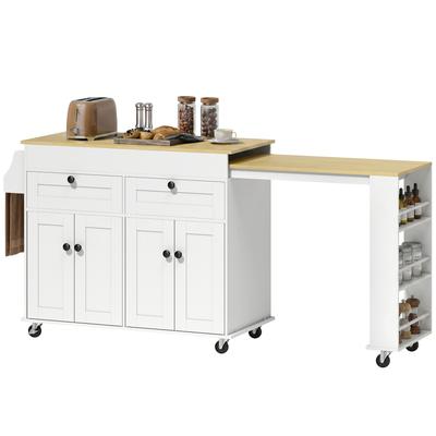 Kitchen Island with Extendable Top, Kitchen Trolley On Casters with 2 Drawers, 4 Doors, White