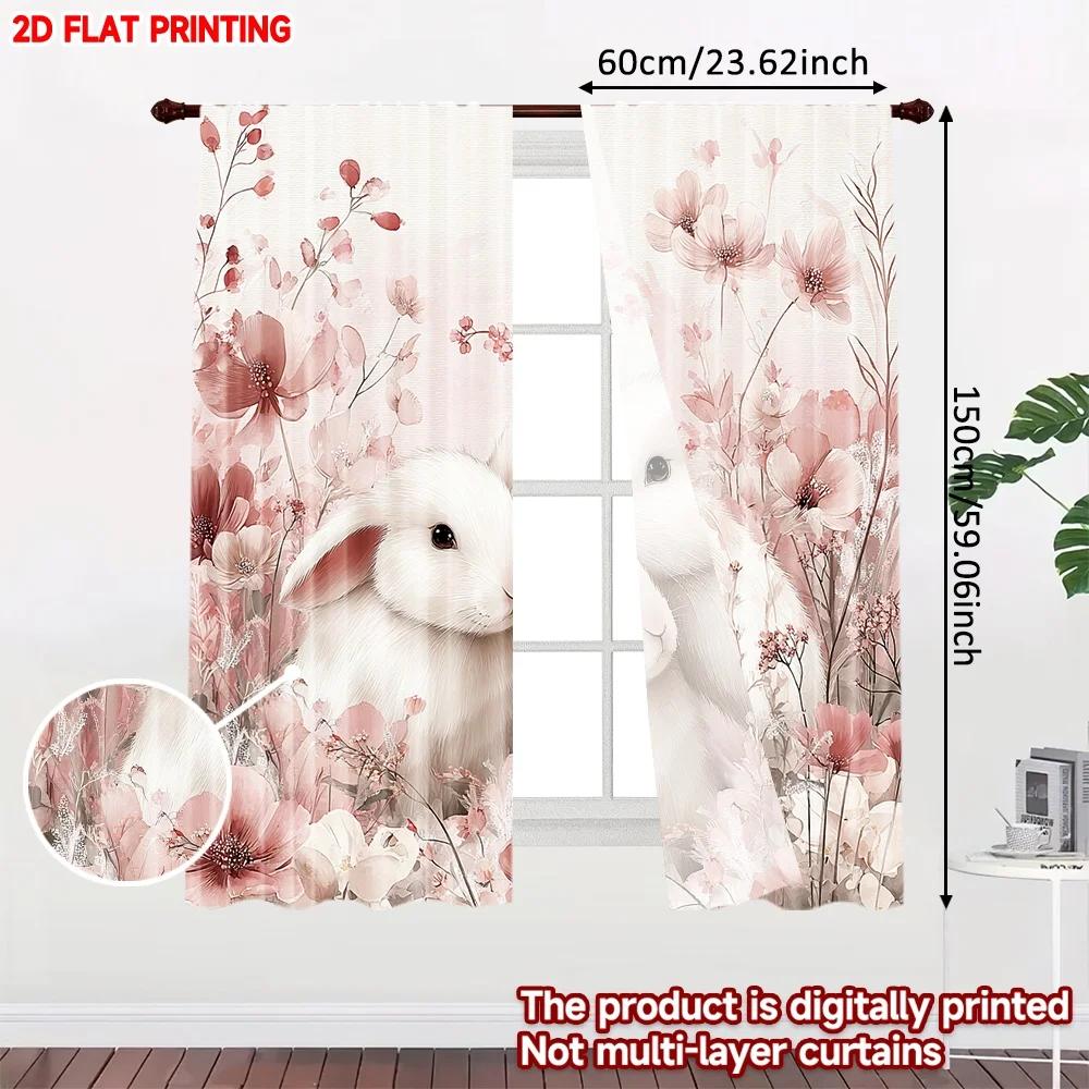 Set Of 2 Bunny Flowers Curtains Digital Print Cute White Rabbit Pink Blossoms Design Cozy Bedroom Living Room Decor Curtain Polyester Perfect For
