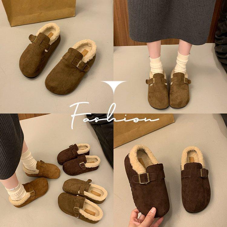 [Ushilai] Thick-soled Lamb Wool One-pedal Women's Winter 2025 New Fashion Casual Versatile Cotton Slippers