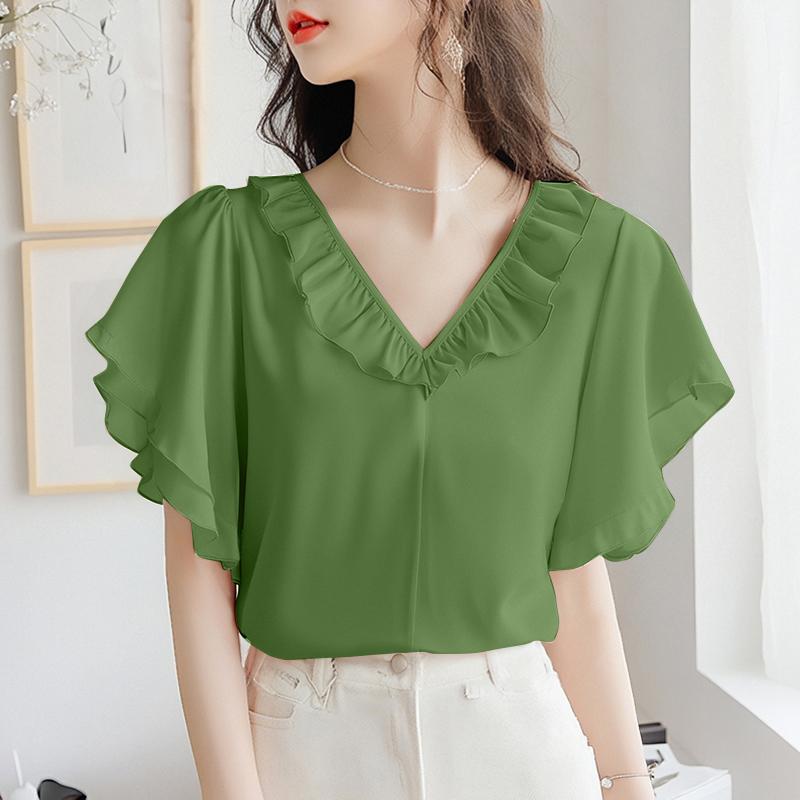 

ZANZEA Женская блузка с рюшами, V-образным вырезом, свободного кроя, с коротким рукавом, в повседневном стиле S зелёный