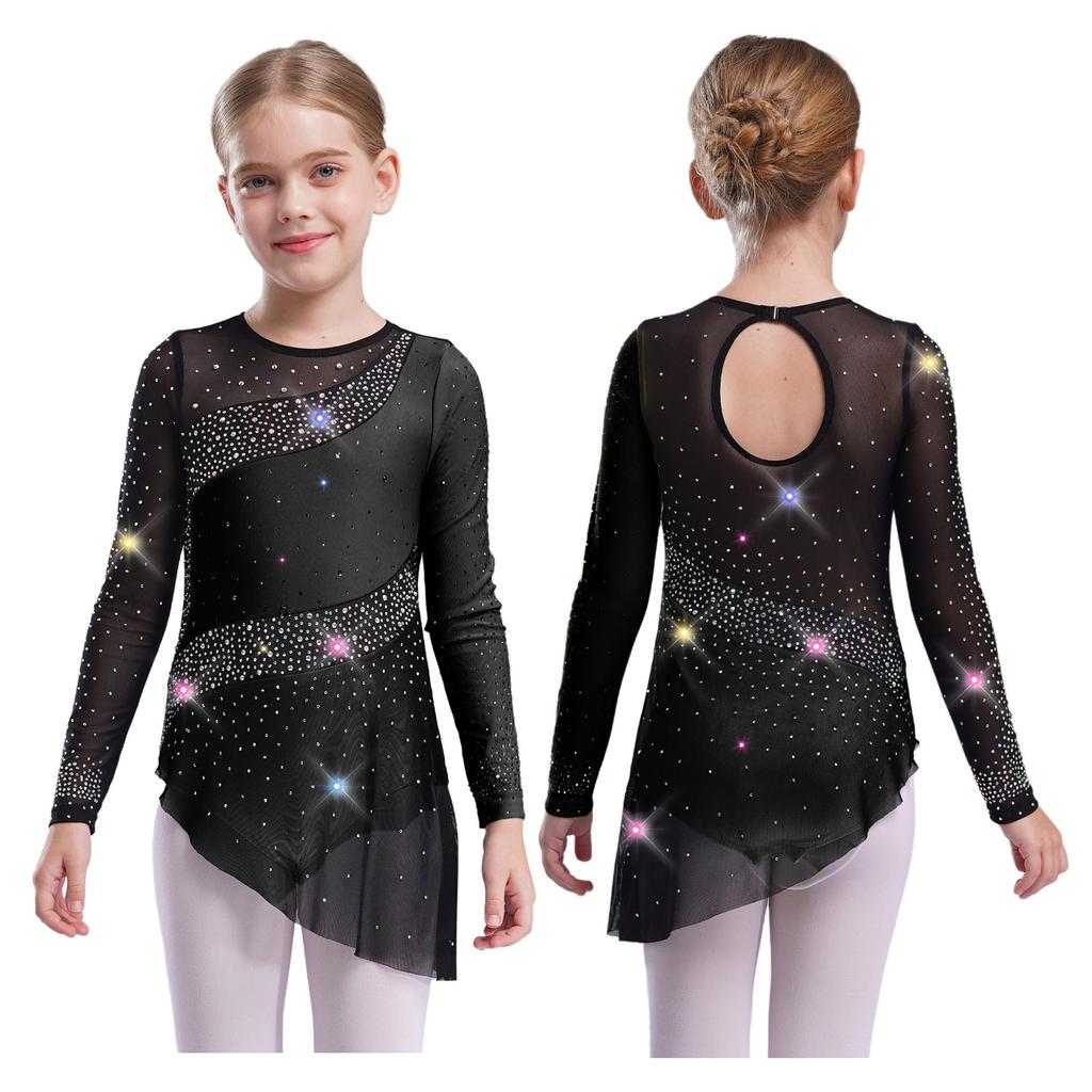 Kids Girls Gymnastics Competition Costume: Sheer Mesh Patchwork Long Sleeve Leotard with Color Block & Sparkling Rhinestones