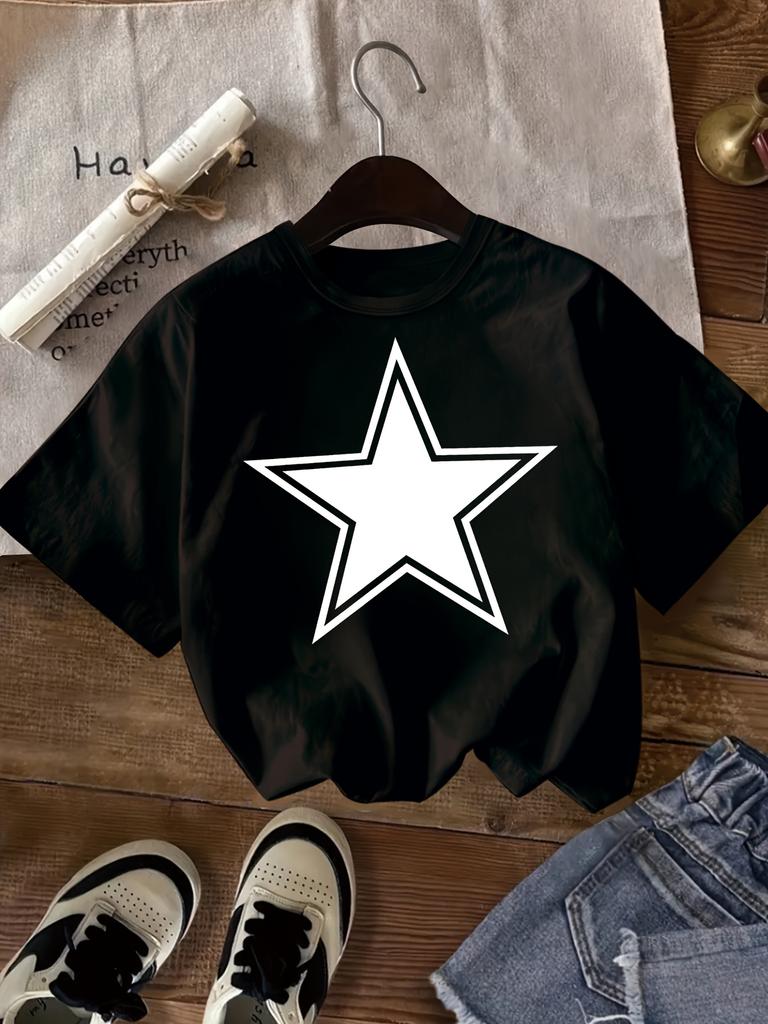 2026 Bambini Cotone Puro Girocollo Manica Corta Maglietta T-shirt Stampata con Motivo a Stelle T-shirt Estiva Trendy Bambine Abbigliamento Bambine