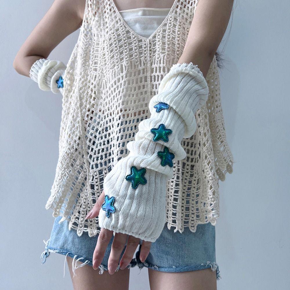 Y2k Star Knitted Gloves Gothic Wool Sleeve Cuff Punk Fingerless Gloves  Girls