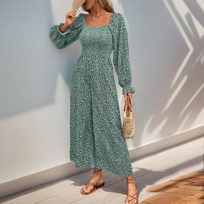 Women's Jumpsuit Square Collar Puff Sleeve Wide-leg Pants Long-sleeved Vacation Style Floral Jumpsuit
