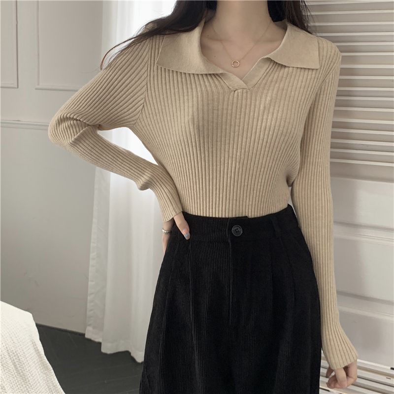 

Корейская мода поло с длинным рукавом трикотажные топы женские зима осень 2024 новый тонкий свитер с лацканами повседневная одежда L абрикосовый