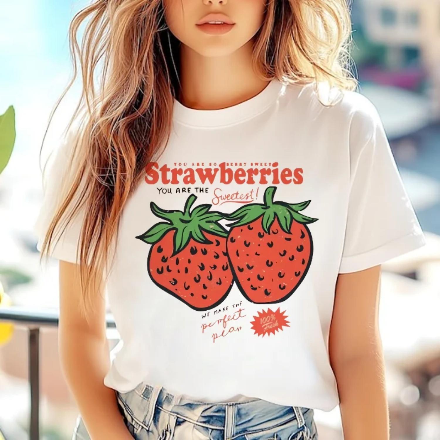

Strawberry Pattern Printed Women s Trendy Cute Cartoon Women s Summer Basic Short Sleeved Top Basic T-Shirt Fashion Clothing XXXXXL білий