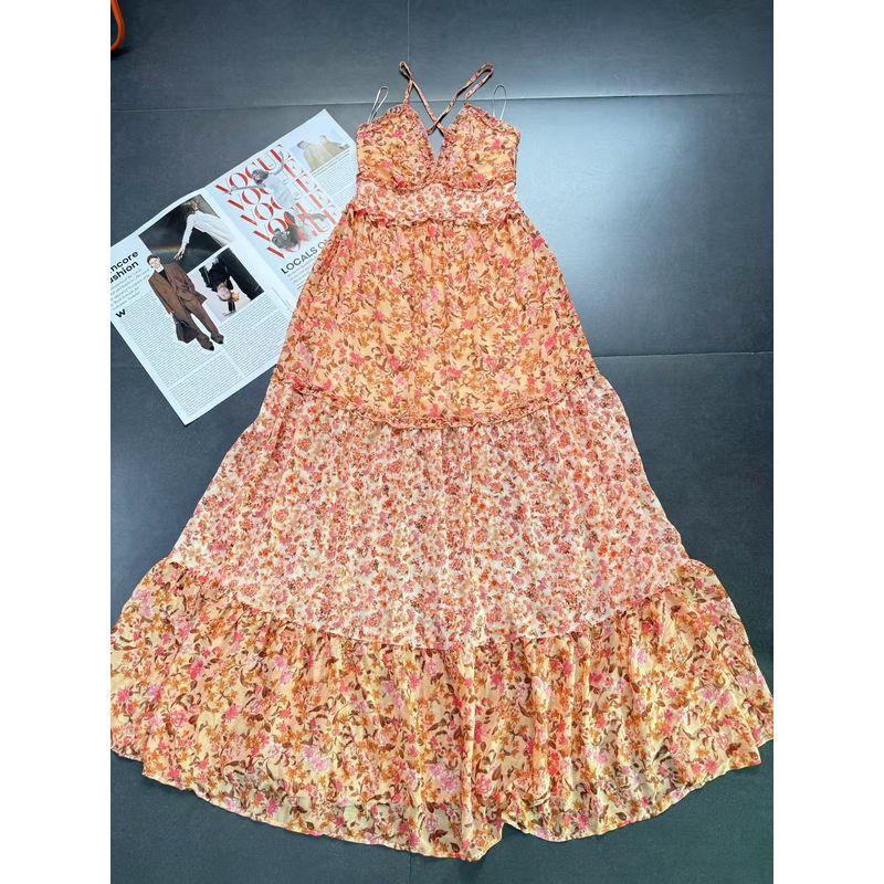 

Заказ внешней торговли Сексуальное платье с большой открытой спиной, светло-голубое, с деревянными ушками, А-силуэта, с большим подолом, шифоновое, с цветочным принтом, для отпуска, длинное платье Orange Floral Contrast Color Dress No. 3 M