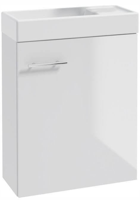 Badezimmerschrank mit einem weiß glänzenden wandhängenden Waschbecken 50x70 Klein und einem länglichen Chromhahn