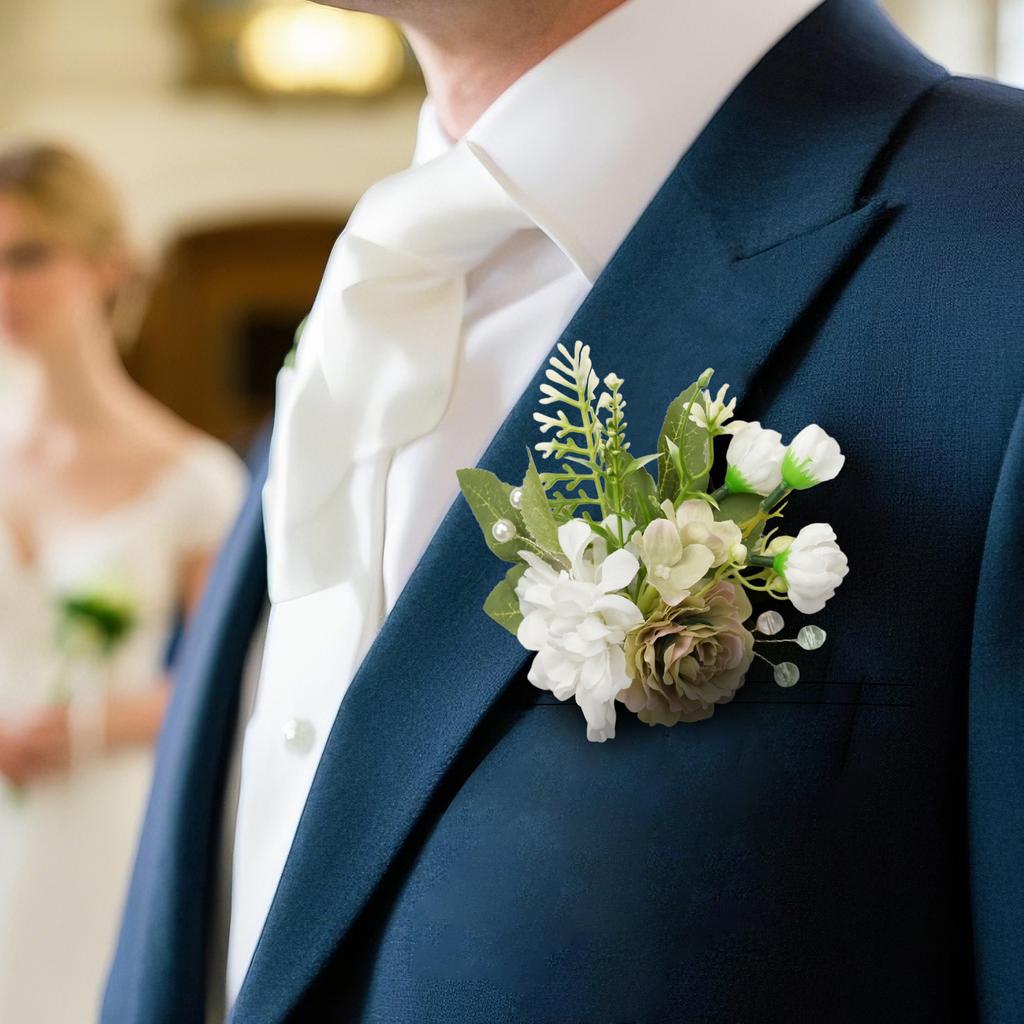 Uflower White Green Groom Groomsmen Boutonniere Set, Artificial Flowers for Wedding Prom Homecoming Anniversary Graduation