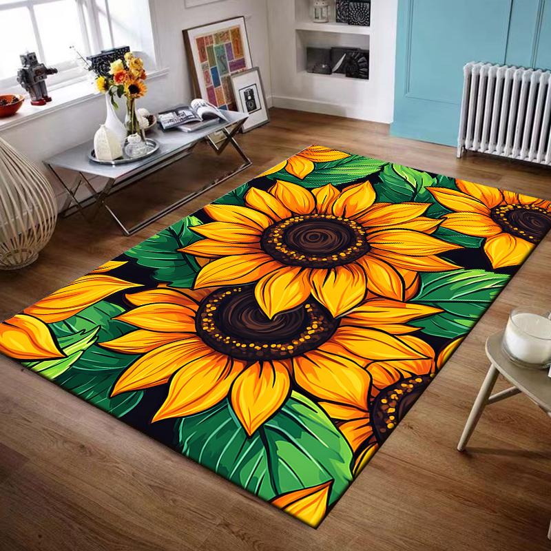 Vivid Sunflower and Green Leaf Pattern Non-slip rug suitable for living room and bedroom sofas