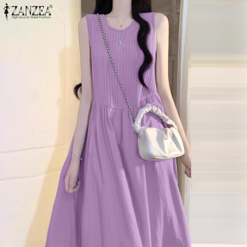 ZANZEA Women Summer Round Neck Casual Sleeveless Long Dress