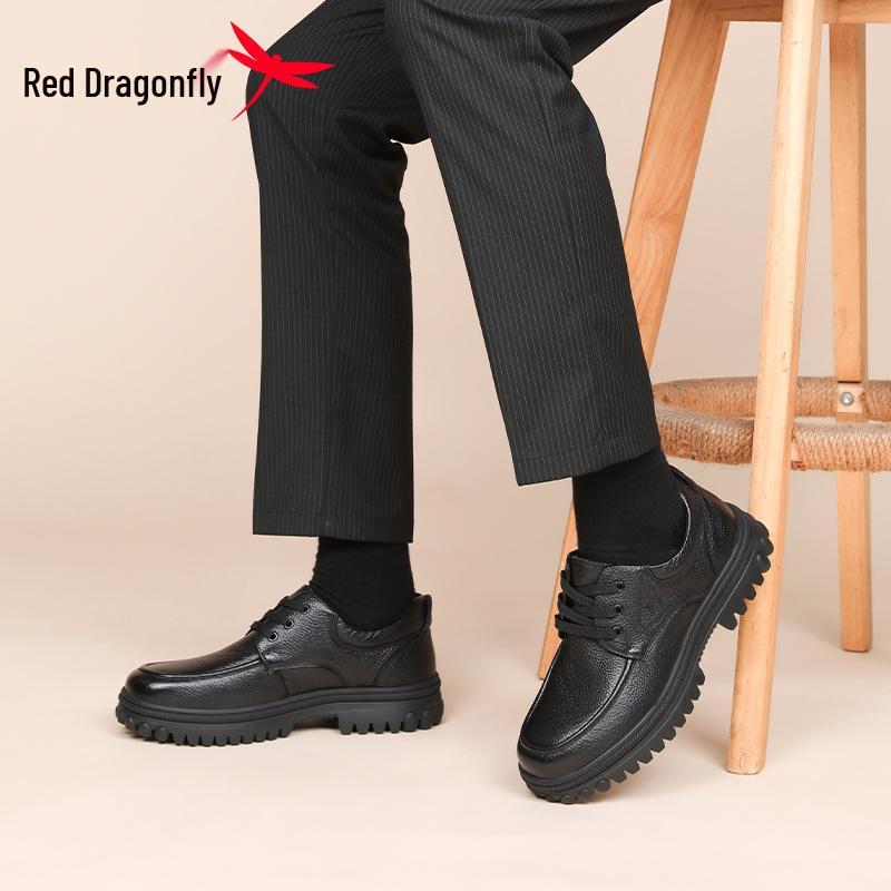Red Dragonfly Men's Genuine Leather Casual Shoes - Non-Slip Autumn/Winter Footwear for Middle-Aged & Elderly
