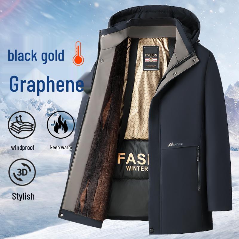 

Men s Black Gold Mid-Length Winter Jacket - Thickened, Velvet-Lined, Loose-Fit Dad s Wear 3XL темно-синього кольору