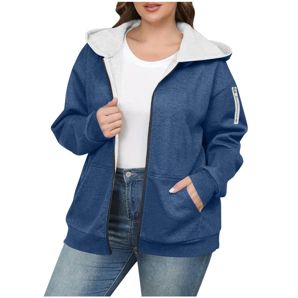 Women's Loose And Comfortable Zipper Hooded Solid Color Plus Size Jacket