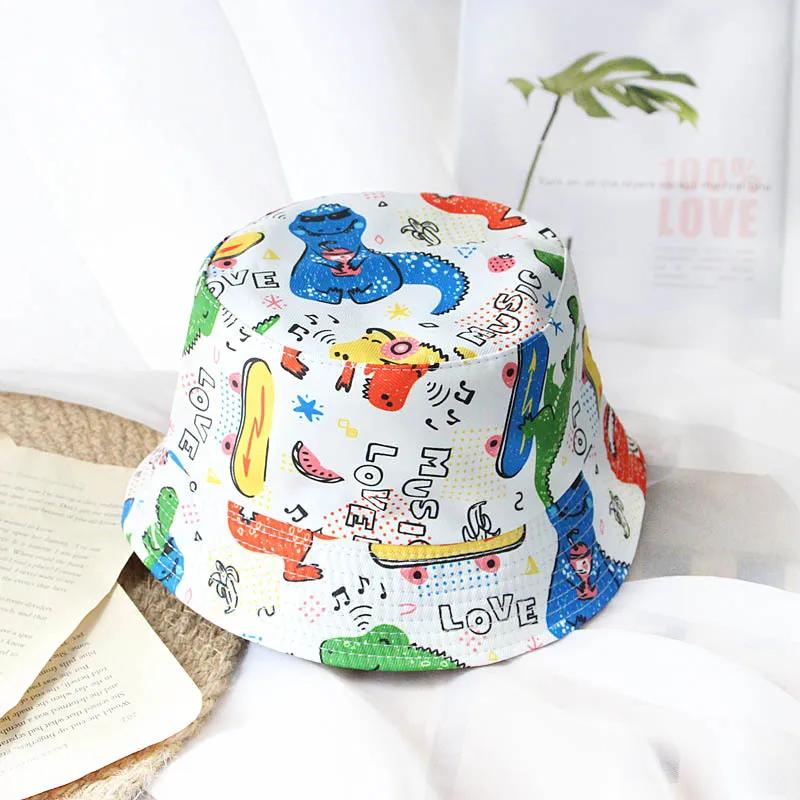 New Spring Summer Children's Cartoon Dinosaur Fisherman Cap Girls Cotton Uv Protection Panama Printing Hats Boys Sun Beach Hat
