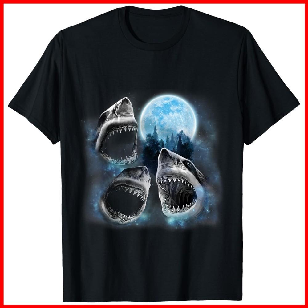 Three Sharks and an Icy Moon, Great White, Galaxy Black Cotton T-Shirt Unisex T-Shirt S
