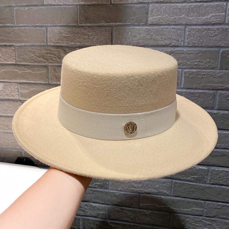 Metal Label Removable Decorative Woolen Flat Top Top Top Hat Spring and Autumn Gentleman Big Brim Sunshade Jazz Hat New