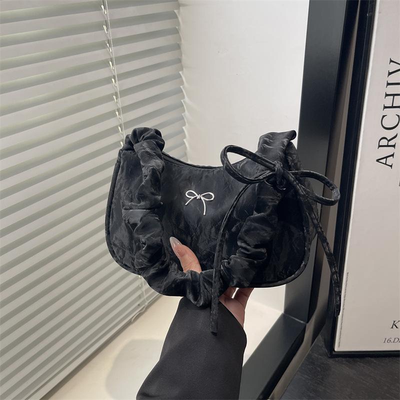 Lightweight Bow Square Shoulder Bags for Women Korean Style Ladies Underarm Bag Simple Female Pleated Drawstring Handbags Purse