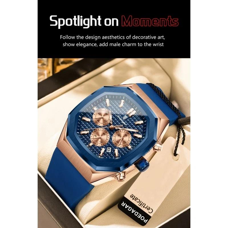 POEDAGAR Functional Watch for Men Date Chronograph Luminous Waterproof Silicone Classic Male Watch Quartz Original Watches