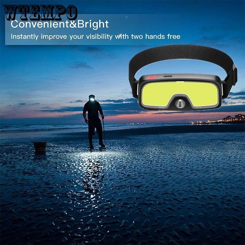 Lanterna de Cabeça COB com Fonte de Luz Dupla e Carregamento USB Luz de Acampamento ao Ar Livre Faróis LED para Ciclismo e Corrida