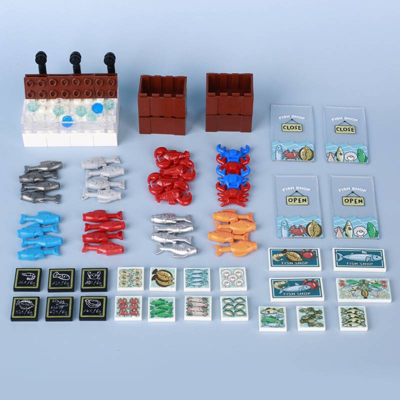 City Food Building Blocks Character Accessories Printing Set Fish Mushroom Fruit Burger Refrigerator Hot Dog Pizza Basin Toy