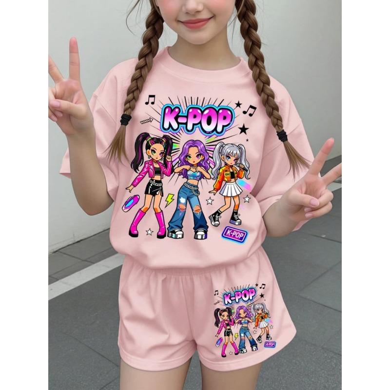 Kpop Cartoon Graphic Girls T-Shirt and Pants Set Girls' Summer Clothing Cute Short Sleeve Set Children's T-Shirt and Shorts Set