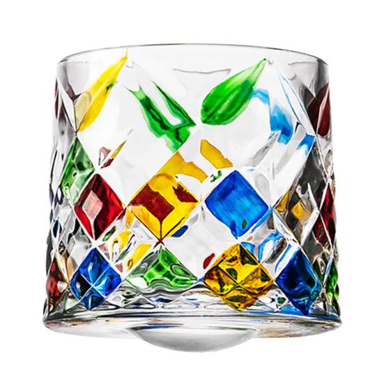 Rotating Whiskey Glass, Hand Painted Swivel Tumbler with 360-degree Spinning Base, Faux Crystal Liquor Glass Cup for Home Bar