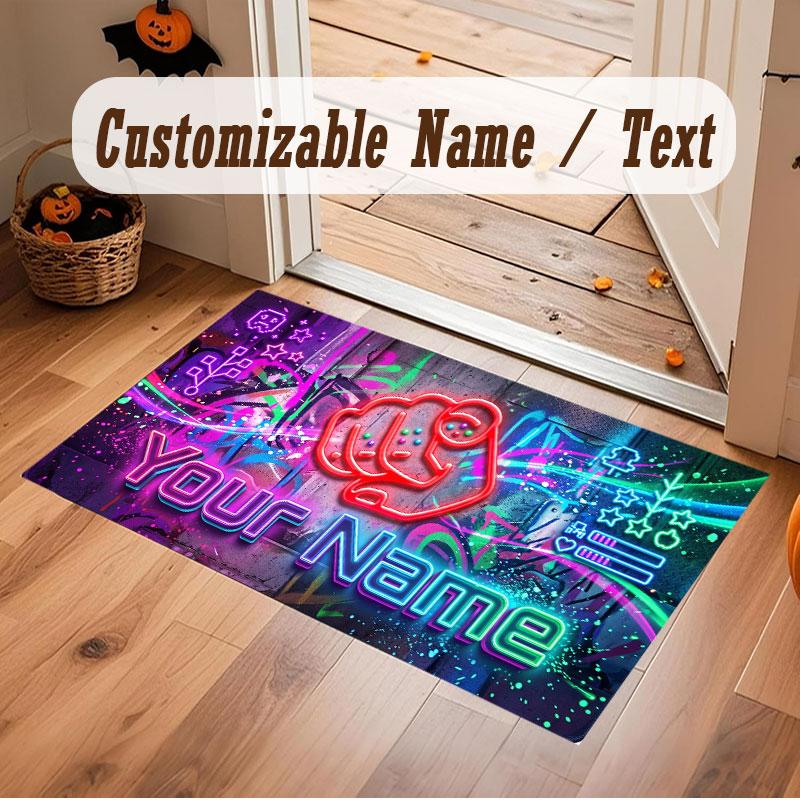 Neon Colorful Theme Crystal Velvet Floor Rug Personalized Custom Name Text Warm Carpet Home Decoration